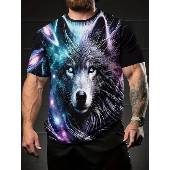 Summer Men's 3D Digital Print Iridescent Star Wolf Theme T-Shirt, Casual Versatile Men's Round Neck Short Sleeve, Suitable for Daily Wear, 100% Polyester Fiber