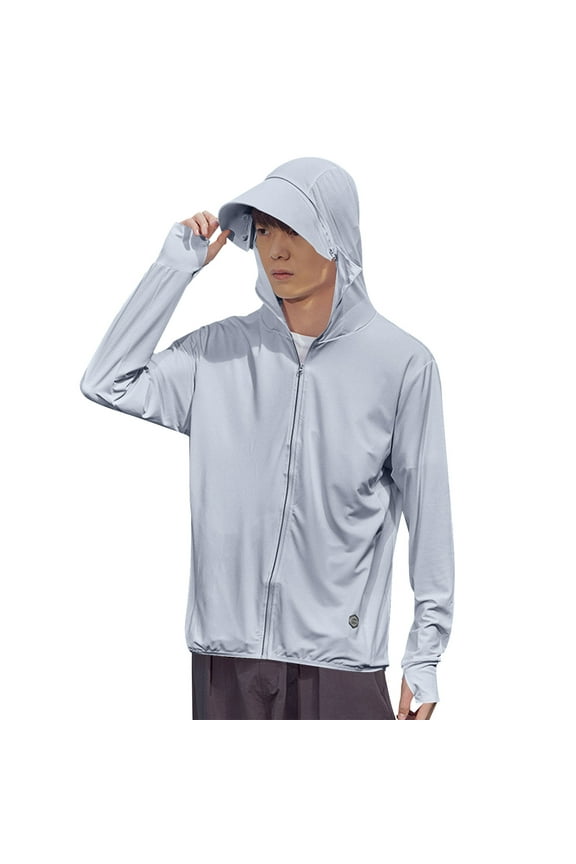 Summer Men's Casual Fashion Solid Color Long Sleeved Hooded Drawstring Loose Sun Protection Jacket for Fishing Hiking