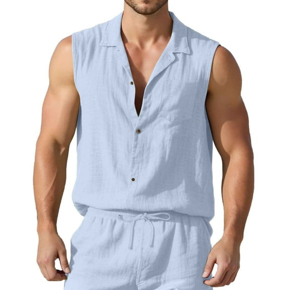 Summer Men's Casual Sleeveless Shirt Vest Lightweight Breathable Comfortable Lapel Design Loose Fit Daily Wear