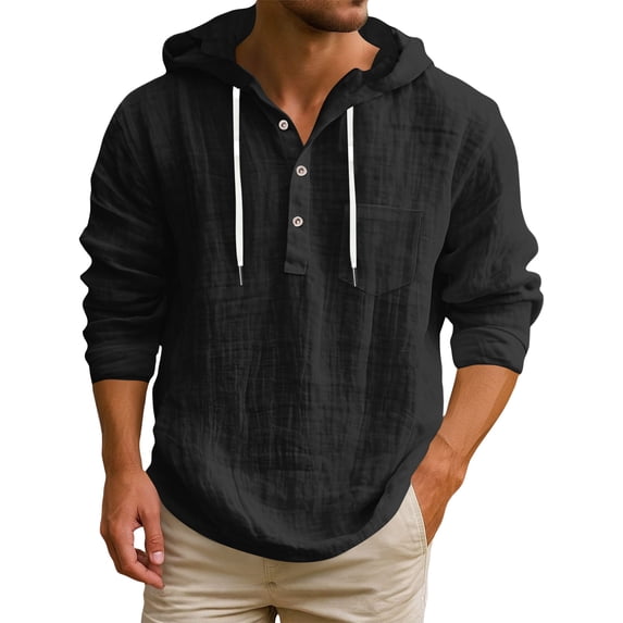 Summer Men's Cotton Linen Shirt Solid Streetwear Long Sleeve Hoodie Clothing For Men Button Tops Casual Loose Men Hooded Shirt