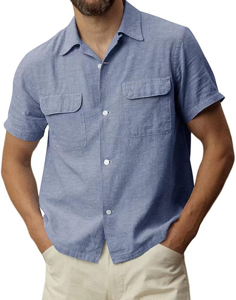 Summer Men's Cotton Linen Short Sleeve Shirt Button Up Cotton Camp ...