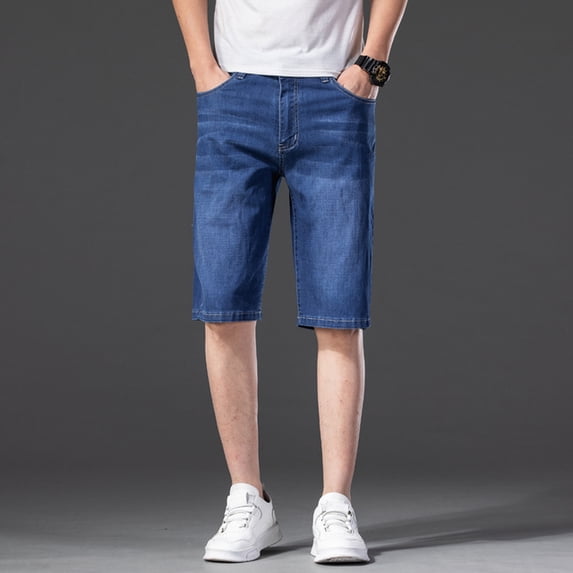 Summer Men‘s Denim Shorts Cotton Lyocell Blend Elasticity Straight Denim Pants Fashion Thin Knee Short Jeans Plus Sizes 42 44 46