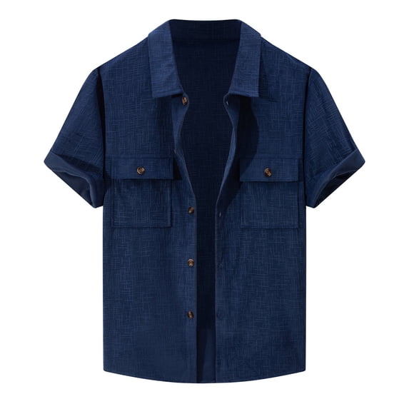 Summer Men's Heavy Design Corduroy Jacquard Short Sleeve Shirt - Christmas Pattern, Linen Fabric, Suitable for Daily/Work Wear