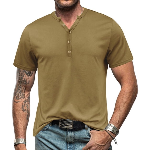 Summer Men's Henley Short Sleeve T-Shirt European and American Men's Bottoming Button T-Shirt-Army Green-3XL