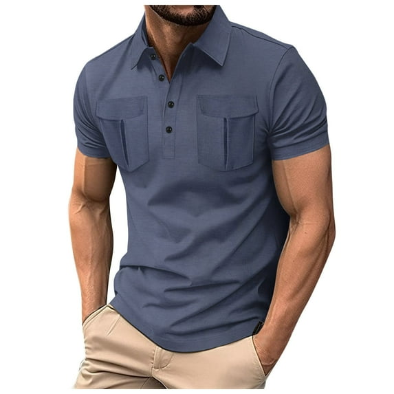 Summer Men's Lapel Button Double Pocket Solid Color Polo Shirt - Short Sleeve, Casual Fit