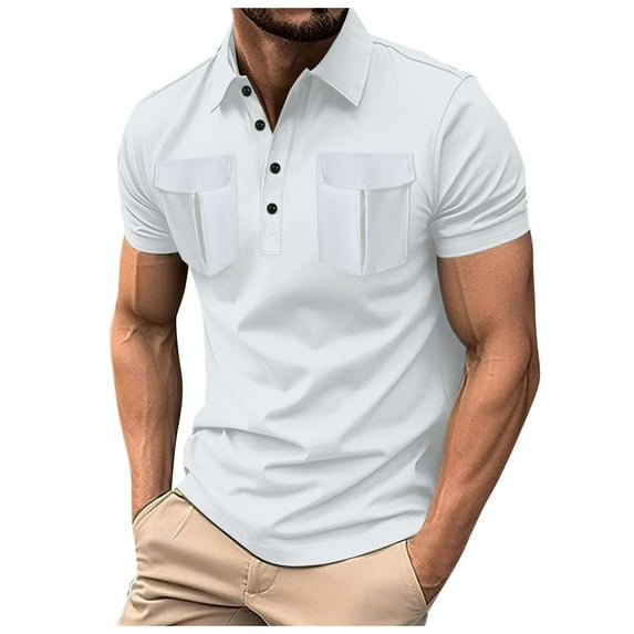 Summer Men's Lapel Button Double Pocket Solid Color Polo Shirt - Short Sleeve, Casual Fit