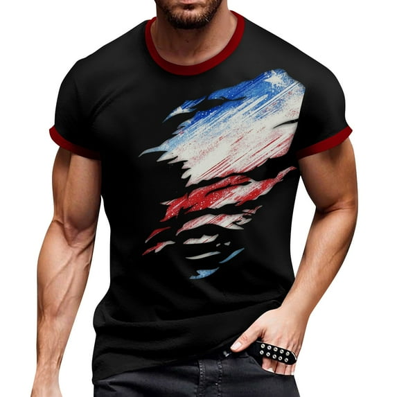 Summer Men's Popular Printed Round Neck T-Shirt, Independence Day Theme with Soft Jersey Fabric for Outdoor Activities ,Black 2XL