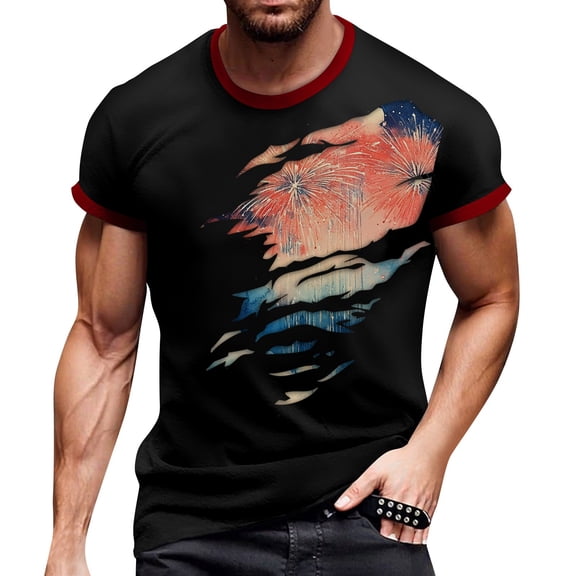 Summer Men's Popular Printed Round Neck T-Shirt, Independence Day Theme with Soft Jersey Fabric for Outdoor Activities ,Red M