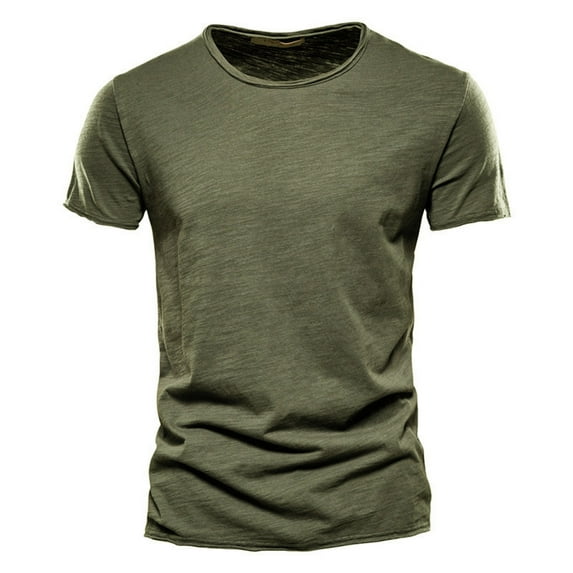Summer Men's Pure Cotton Solid Color Slub Cotton Crew Neck Short Sleeve T Shirt Army Green XXL
