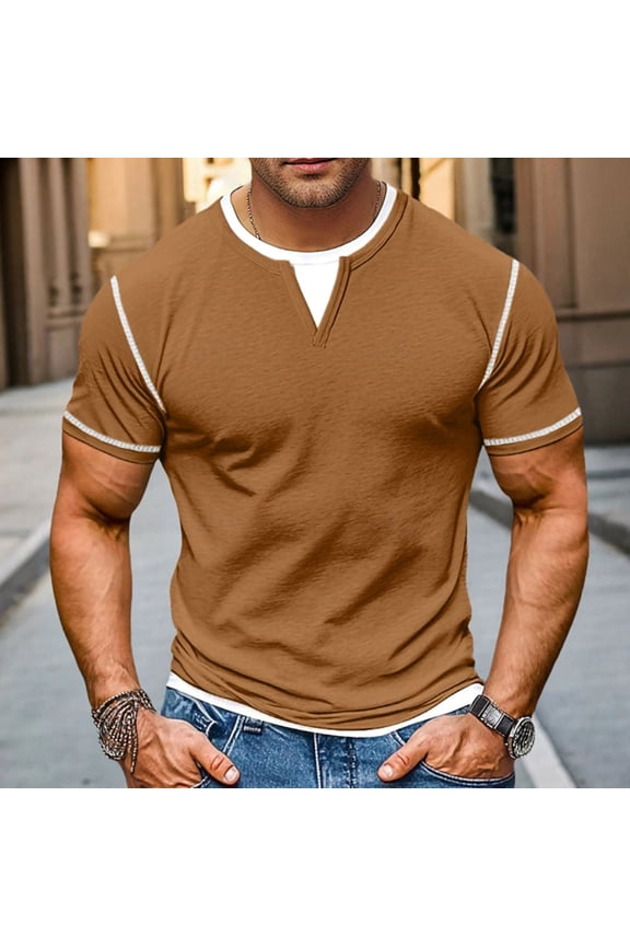 Summer Men's Shirt Fake Two-piece Double-layer V-neck Fashionable Splicing Short Sleeved Round Neck Top/shirt