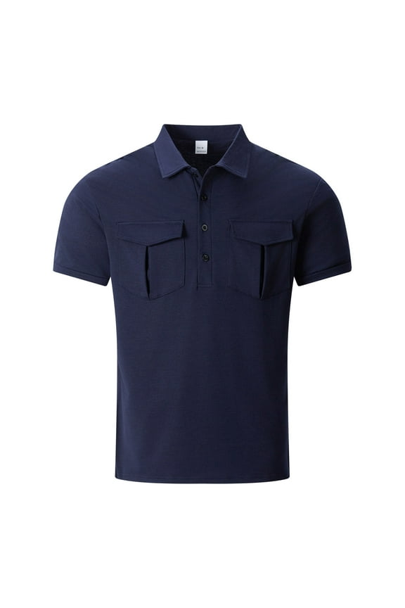 Summer Men's Simple Button Lapel Short Sleeve Casual Polo Shirt with Double Pockets, Solid Color, Polyester-Spandex Material