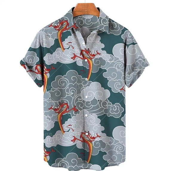 Summer Men's Social Casual Vintage Floral Hawaiian Oversize Short Sleeve Shirt Street Luxury Dragon Pattern Element Clothing Hot