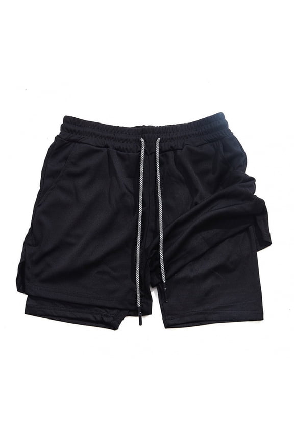 Summer Men's Solid Color 2 in 1 Casual Elastic Waist Drawstring Pocket Shorts Dress Shorts for Men Black M