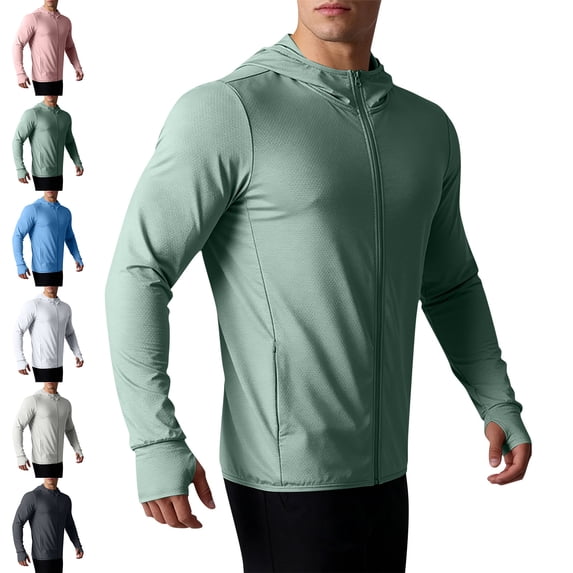 Summer Men's Solid Color Sun Protection Jacket Moisture Wicking UPF 50+ UV Blocking Full Zip Hooded Long Sleeve Top for Outdoor Activities