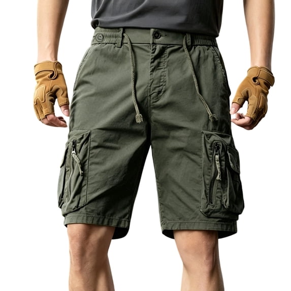Summer Mens Cargo Shorts Solid Color Drawstring Zipper Casual Athletic Beach Shorts With Multi Pockets
