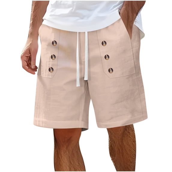 Summer Mens Casual Shorts Knee Length Elastic Waist Drawstring Short Pants with Button Fathers Gift