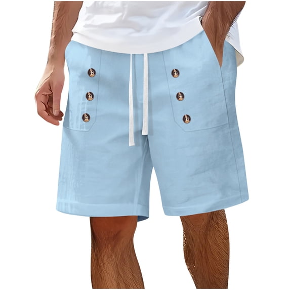 Summer Mens Casual Shorts Knee Length Elastic Waist Drawstring Short Pants with Button Fathers Gift