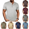 thumbnail image 1 of Summer Mens Clothes Button Solid Color Patchwork Short Sleeve Casual Round Neck Beach Fashion Summer Tops - Gray∣2XL, 1 of 8