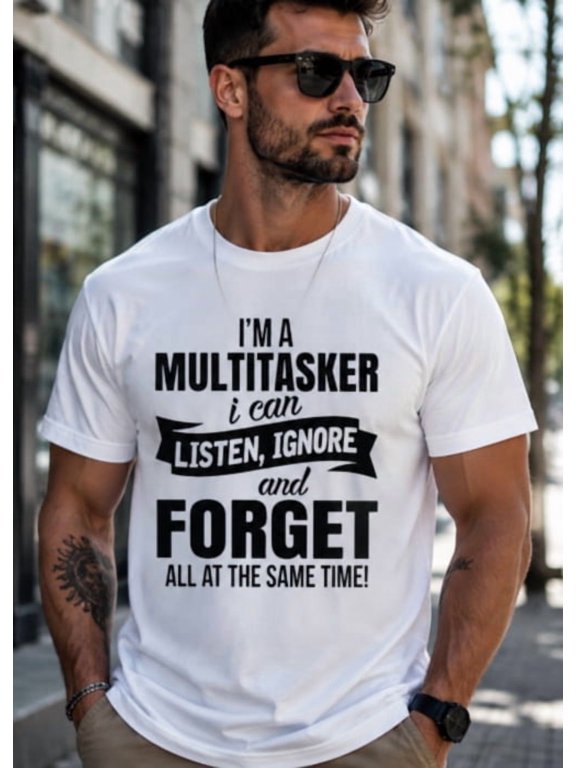 Summer Mens Crew Neck Short Sleeve Tee Men's Funny Multitasker Graphic Print T-Shirt, "Listen Ignore Forget" Quote Print Tee, Casual Everyday Shirt