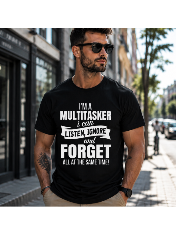 Summer Mens Crew Neck Short Sleeve Tee Men's Funny Multitasker Graphic Print T-Shirt, "Listen Ignore Forget" Quote Print Tee, Casual Everyday Shirt