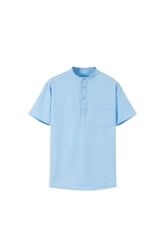 Summer Mens Shirts Short Sleeve Europe and America Shirt Short Sleeve Stand Collar Unbuckle Pineapple Plaid Shirt Fallow Shirt Blouse Light Blue S-3XL