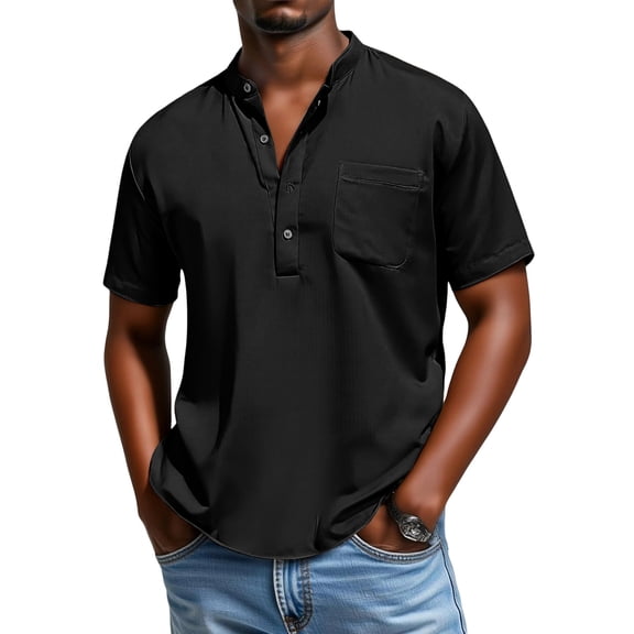 Summer Mens Short Sleeve Henley Shirts Casual Button Down Shirt Lightweight Beach Wear with Pocket Breathable Streetwear Outdoor Shirt Solid Color Basic Style Tops Black 2XL