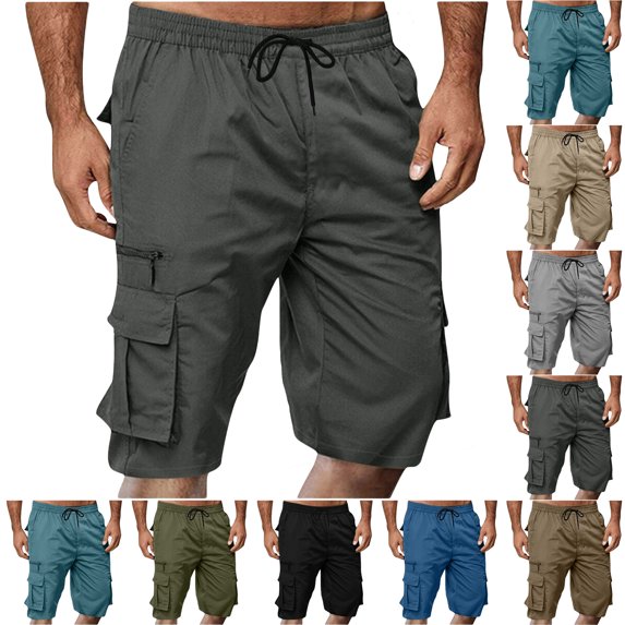 Summer Mens Shorts, Casual Solid Color Multi-Pocket Drawstring Elastic Waist Cargo Short Pants Lightweight And Breathable Work Shorts for Daily Outdoor Beach, M-3XL