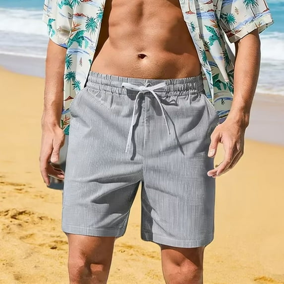 Summer Mens Shorts, LONKITO Beach Shorts with Pockets Drawstring Elastic Waist Stripe, Casual Vacation Hawaiian