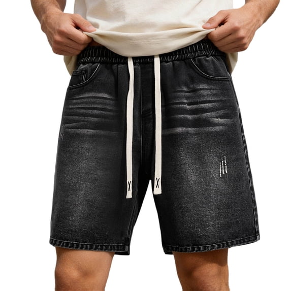 Summer Mens Solid Denim Shorts Casual Straight Leg Loose Fit Drawstring Knee Length Breathable Black L