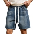 thumbnail image 1 of Summer Mens Solid Denim Shorts Casual Straight Leg Loose Fit Drawstring Knee Length Breathable Blue XXXXXL, 1 of 7