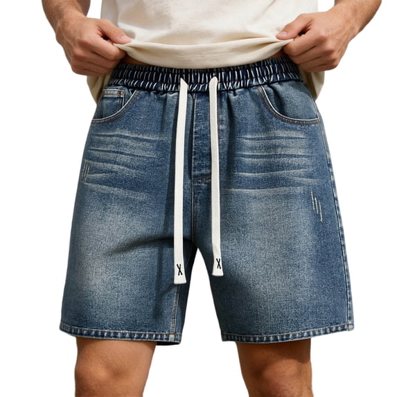Summer Mens Solid Denim Shorts Casual Straight Leg Loose Fit Drawstring Knee Length Breathable Blue XXXXXL