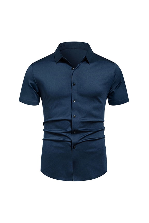 Summer Mens T-shirts Business Casual Solid Color Button Lapel Fashion Short Sleeve Shirt