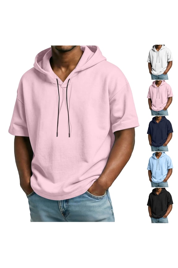 Summer Mens Top Short Sleeve Hoodie - Simple Pullover Hooded Top for Casual Street Style