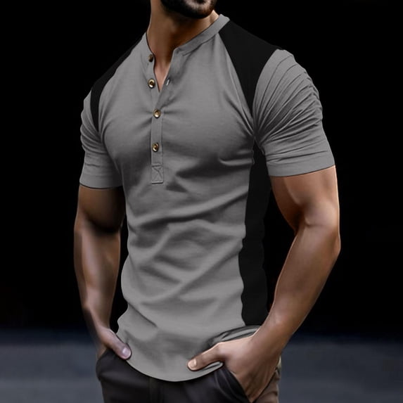 Summer Mens Tshirt Oversized Crew Neck Solid Color Short Sleeved Casual Button T-Shirt Gym Workout Athletic Shirt Tees with Button - Dark Gray∣2XL