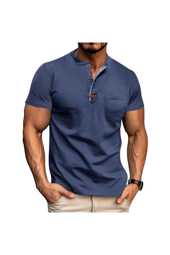Summer Mens Undershirts Tank Solid Color Casual Half-button Opening And Closing Lapel Pocket Short Sleeves Gym Workout Athletic Tee Shirt ( Dark Blue ) S-4XL