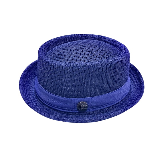 Summer Mesh Pie Hat for Men Breathable Straw Fedora Trilby Short Brim Sun Hat for Beach Travel Party Blue Free Size