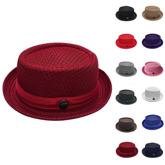 Summer Mesh Pie Hat for Men Breathable Straw Fedora Trilby Short Brim Sun Hat for Beach Travel Party Wine Free Size