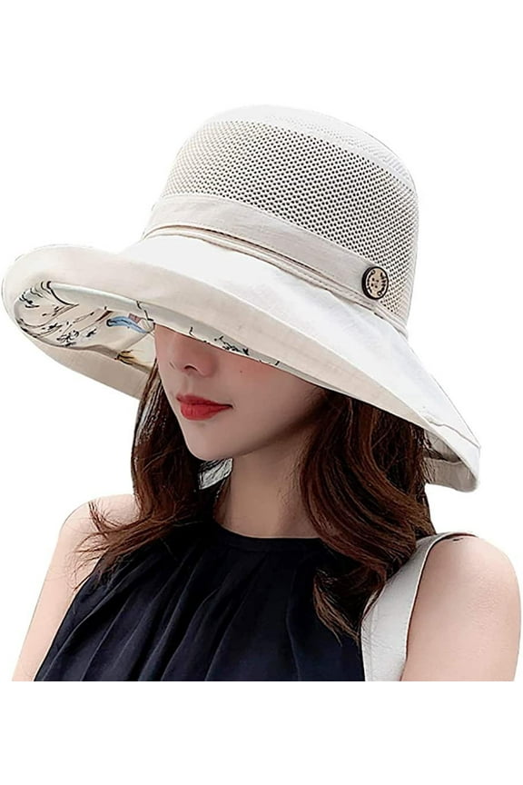 Summer Mesh Sun Hats for Women Lightweight Beach Hat Floral UPF50+ Packable Wide Brim Bucket Hat with Chin Strap