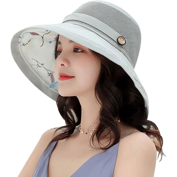 Summer Mesh Sun Hats for Women Lightweight Beach Hat Floral UPF50+ Packable Wide Brim Bucket Hat with Chin Strap