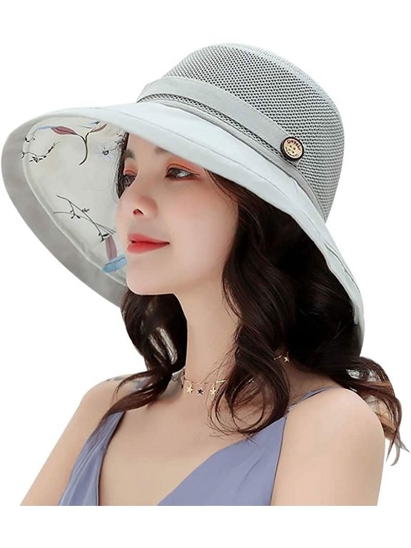 Summer Mesh Sun Hats for Women Lightweight Beach Hat Floral UPF50+ Packable Wide Brim Bucket Hat with Chin Strap