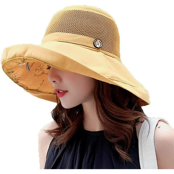 Summer Mesh Sun Hats for Women Lightweight Beach Hat Floral UPF50+ Packable Wide Brim Bucket Hat with Chin Strap