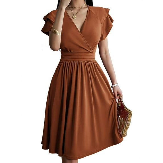 Summer Midi Dress 2025 Spring V Neck Cocktail Wedding Guest A Line Fit and Flared Dresses Light Brown L