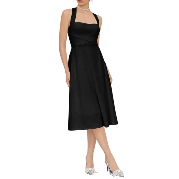 Summer Midi Dresses for Women Halter Sleeveless Square Neck Dresses Fitted Waist Causal Solid Dress, 2XL