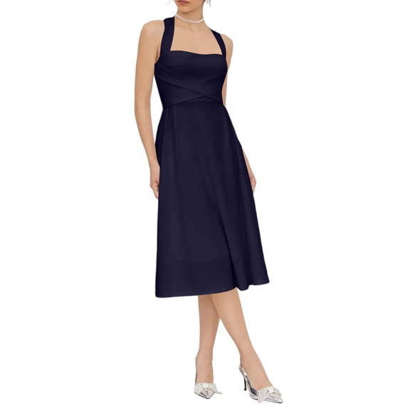 Summer Midi Dresses for Women Halter Sleeveless Square Neck Dresses Fitted Waist Causal Solid Dress, L