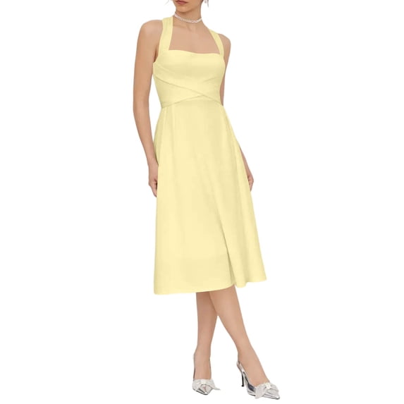 Summer Midi Dresses for Women Halter Sleeveless Square Neck Dresses Fitted Waist Causal Solid Dress, S