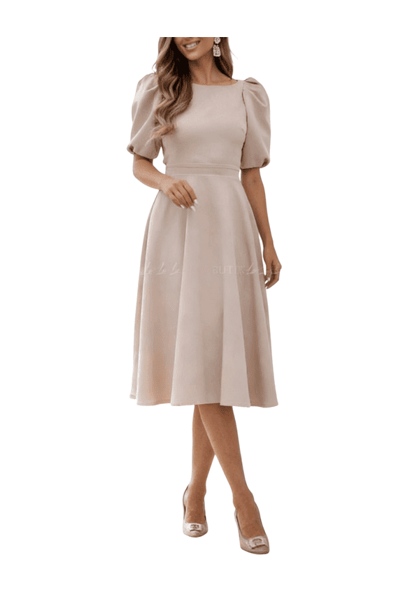 Summer Midi Dresses for Women Semi-Formal Fit Casual Slim Short Puff Sleeve O-Neck Elegant Swing A Line Maxi Dresses Long Dress with Pockets