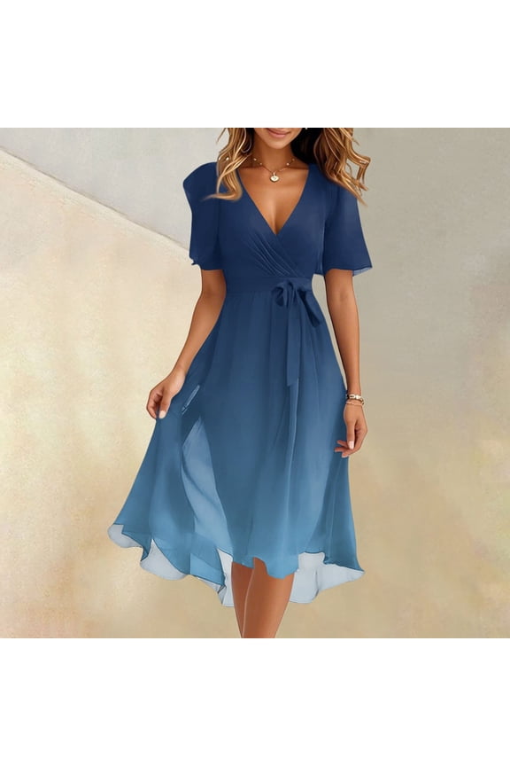 Summer Midi Gradient Dresses for Women 2026 Classy V Neck Wedding Guest Formal Cocktail Prom Dress 2XL