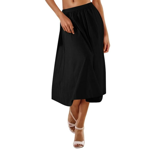 Summer Midi Skirts for Women Trendy Elastic High WaistedSolid Color Flowy Beach A-line Midi Skirts Women Casual Daily Flowy Dresses Black S