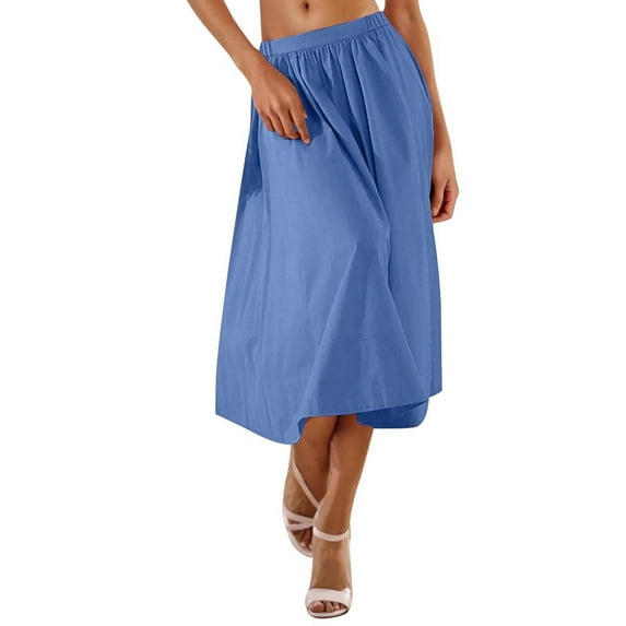 Summer Midi Skirts for Women Trendy Elastic High WaistedSolid Color Flowy Beach A-line Midi Skirts Women Casual Daily Flowy Dresses Blue M