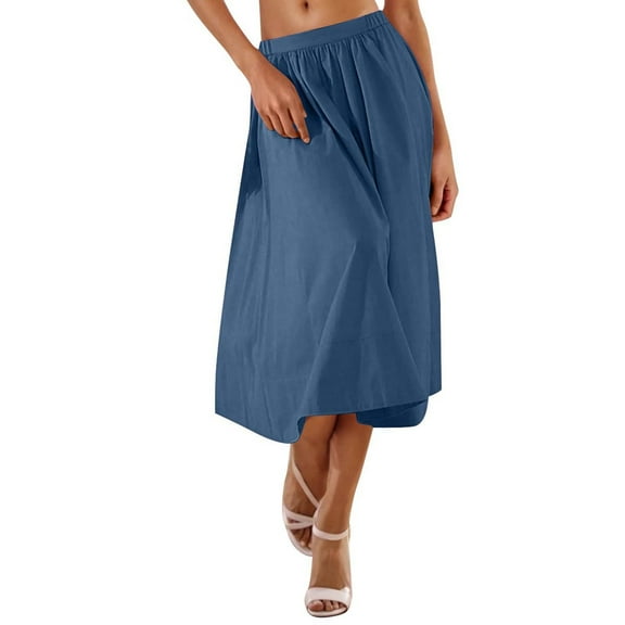 Summer Midi Skirts for Women Trendy Elastic High WaistedSolid Color Flowy Beach A-line Midi Skirts Women Casual Daily Flowy Dresses Dark Blue L